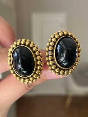 Vintage YSL Oval Black Poured Glass Cabochon Dotted Bronze Gold Clip-On Earrings